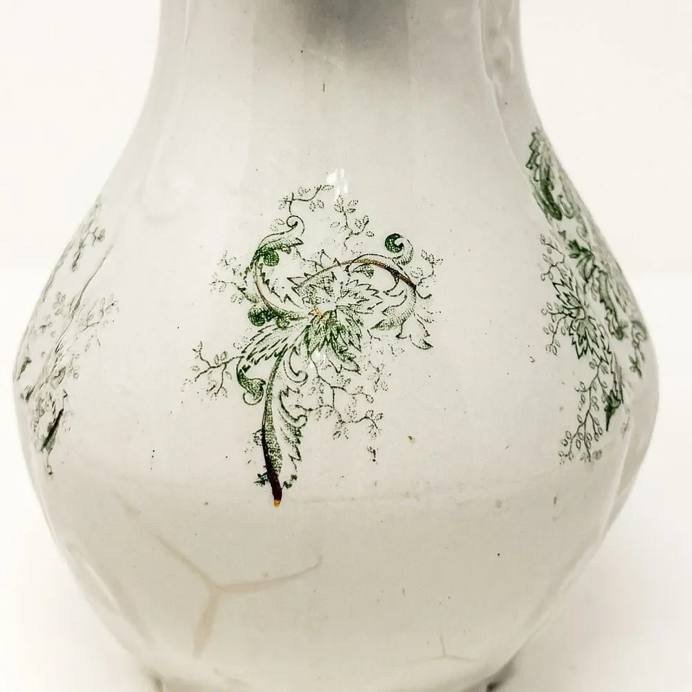 Antique Wick China Co Aurora Ironstone Pitcher Green Transferware Floral Gilt